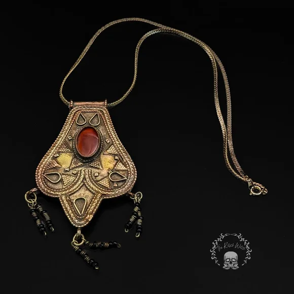 Antique Low Silver and Brass Turkman Asysk Talisman Pendant with Carnelian Stone - Picture 2 of 8